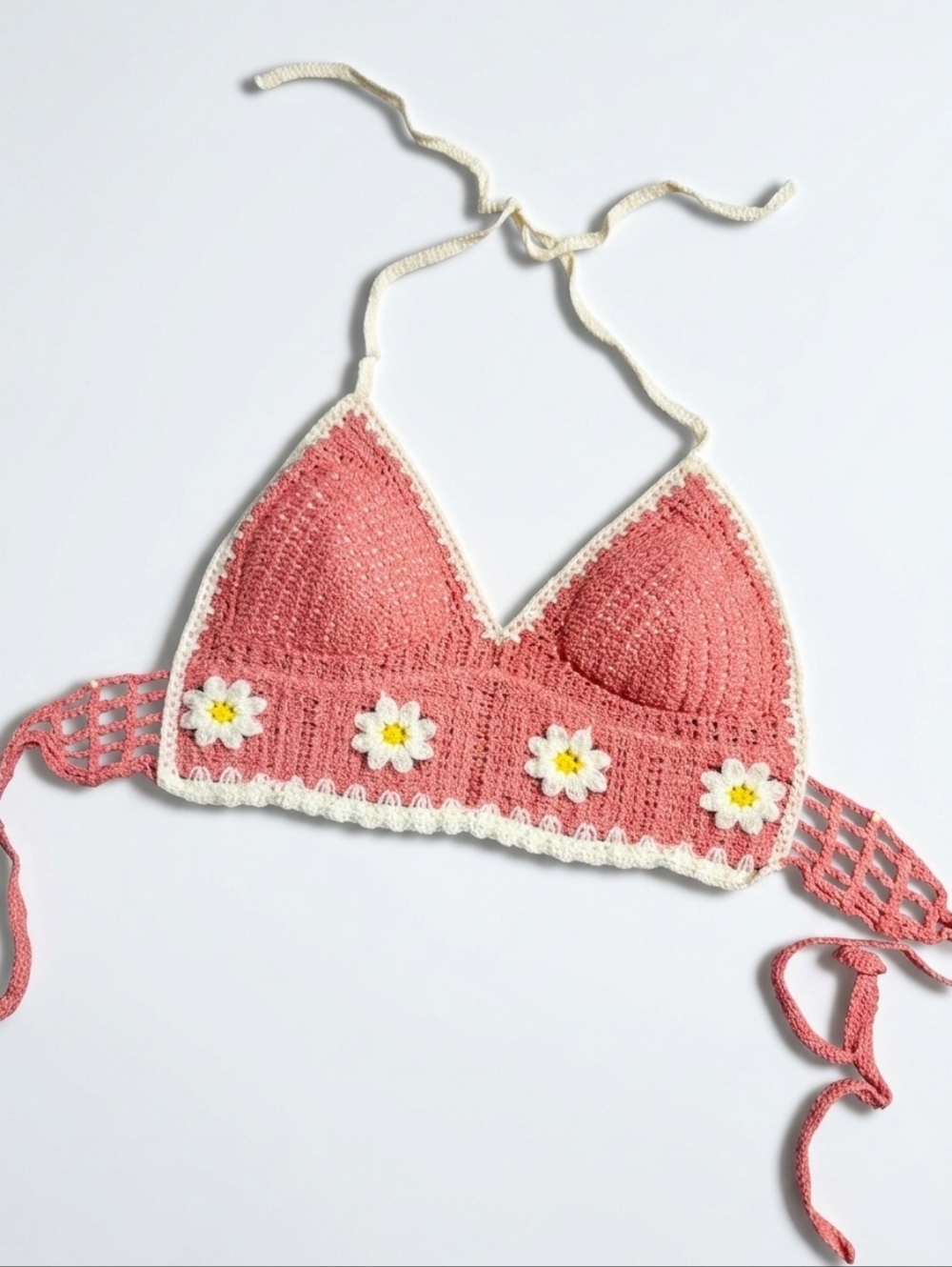 Crochet Daisy Longline Bralette Halter Pink and White